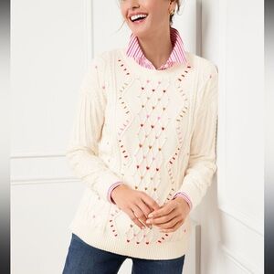 Talbots Whipstitch Hearts Cable Knit Sweater Ivory NWT 3X